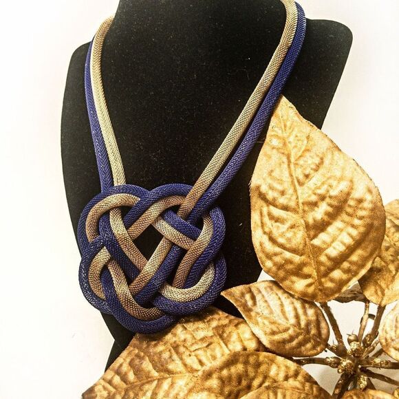 Gold & Blue Steel Mesh Knot Collar Necklace - Picture 1 of 9